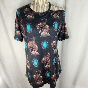 Rizy Train Black Western Rodeo Cowboy Bucking Bronco 1 Cold Shoulder Top Medium